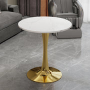 Tavolo da pranzo - rotondo 70 cm - stile mid-century - marmo venato bianco - per 2-4 persone - dorato