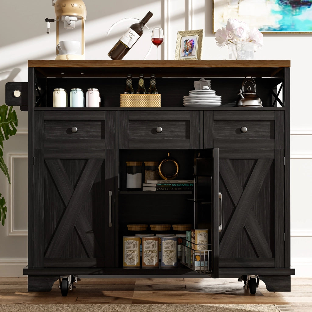 OKWISH Isola da Cucina con 3 Cassetti, Piano Pieghevole e Ruote, Portaasciugamani Laterale, Nero, 118 x 43 x 98 cm