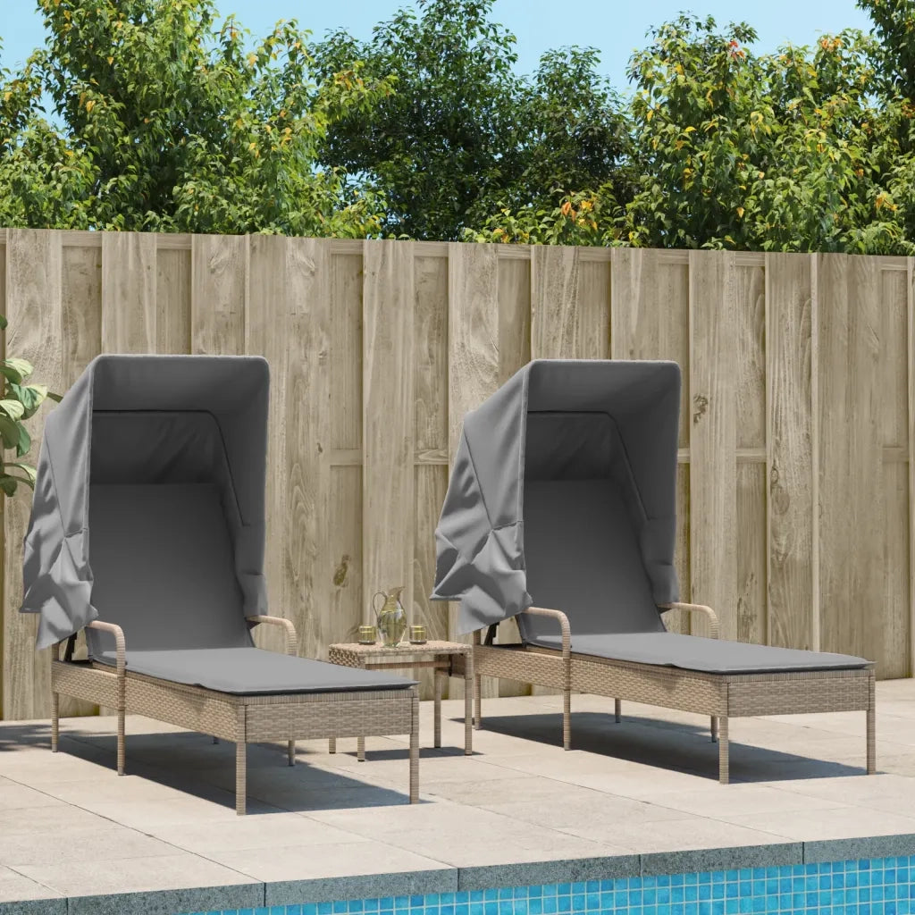 Lettini Prendisole 2 pz | Sdraio da giardino | Lettino da sole con Baldacchino e Tavolino Polyrattan