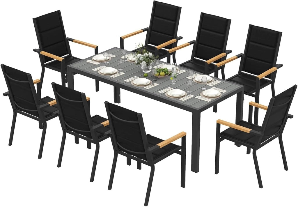 Set di Arredo da Giardino 8 Persone, Set di Tavolo 189 cm Design a Vena di Legno e 8 Sedie Impilabili da Esterno in Alluminio, Ideale per Cortile, Terrazza o Ai Margini della Piscina, Grigio