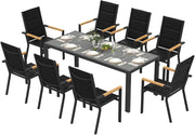 Set di Arredo da Giardino 8 Persone, Set di Tavolo 189 cm Design a Vena di Legno e 8 Sedie Impilabili da Esterno in Alluminio, Ideale per Cortile, Terrazza o Ai Margini della Piscina, Grigio