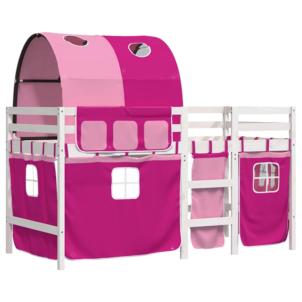 Letto a Soppalco con Tunnel Bambini Rosa 90x190cm Massello Pino