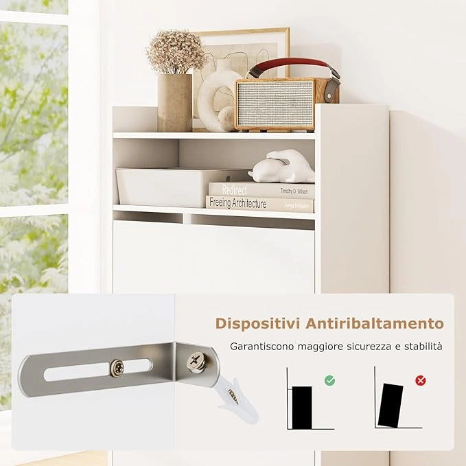 Scarpiera Slim in Legno, Portascarpe a 4 Livelli con 2 Cassetti a Ribalta, con Ripiano Aperto, Mobile Porta Scarpe per Ingresso Corridoio, 60x24x102 cm (Bianco)