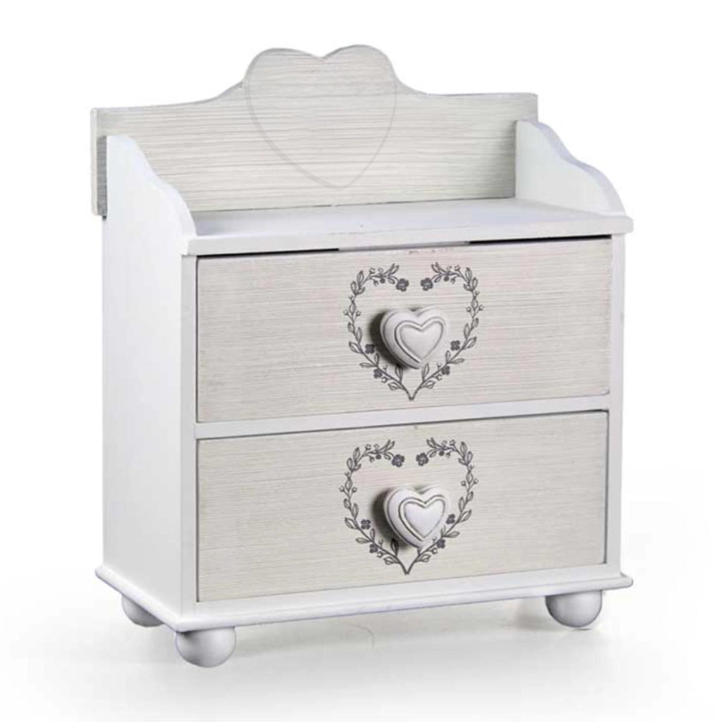 MOBILETTO COMODINO A 2 CASSETTI CON CUORE 30 X 19 X 25 CM COLORE BIANCO