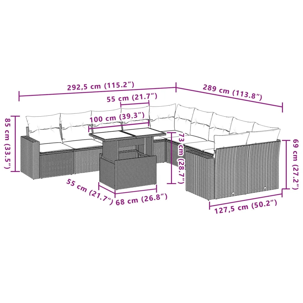 vidaXL Set Divani da Giardino 11 pz con Cuscini Polyrattan Marrone