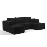 Divano angolare 3 posti - con pouf mobili e portabicchieri - in velluto a coste nero