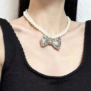 Collana doppia fatta a mano con fiocco in argento e perle, regalo di Natale per donna, regalo di compleanno