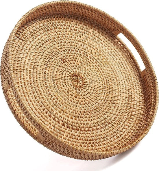 Piatto di vimini rotondo con manico, piatto decorativo intrecciato per tavolo salotto, cuscino naturale (piccolo 30 cm x 6 cm)