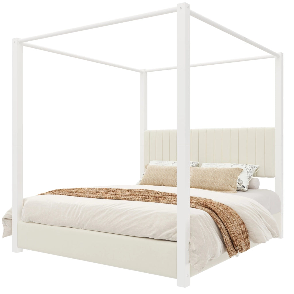 Letto a baldacchino 180x200 cm con testiera imbottita in velluto MDF metallo beige e bianco