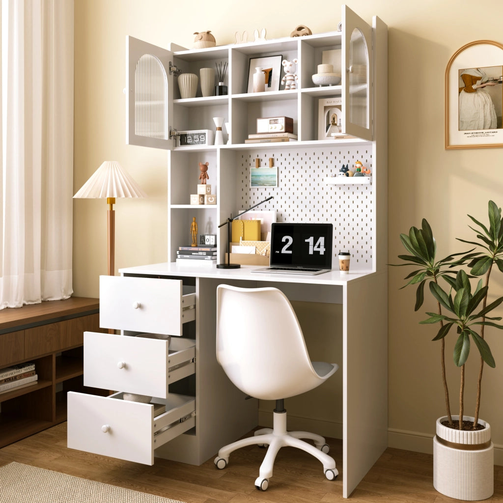 Scrivania con 3 cassetti; 6 vani e bacheca - per studio - in MDF - 100×55×180 cm - bianco