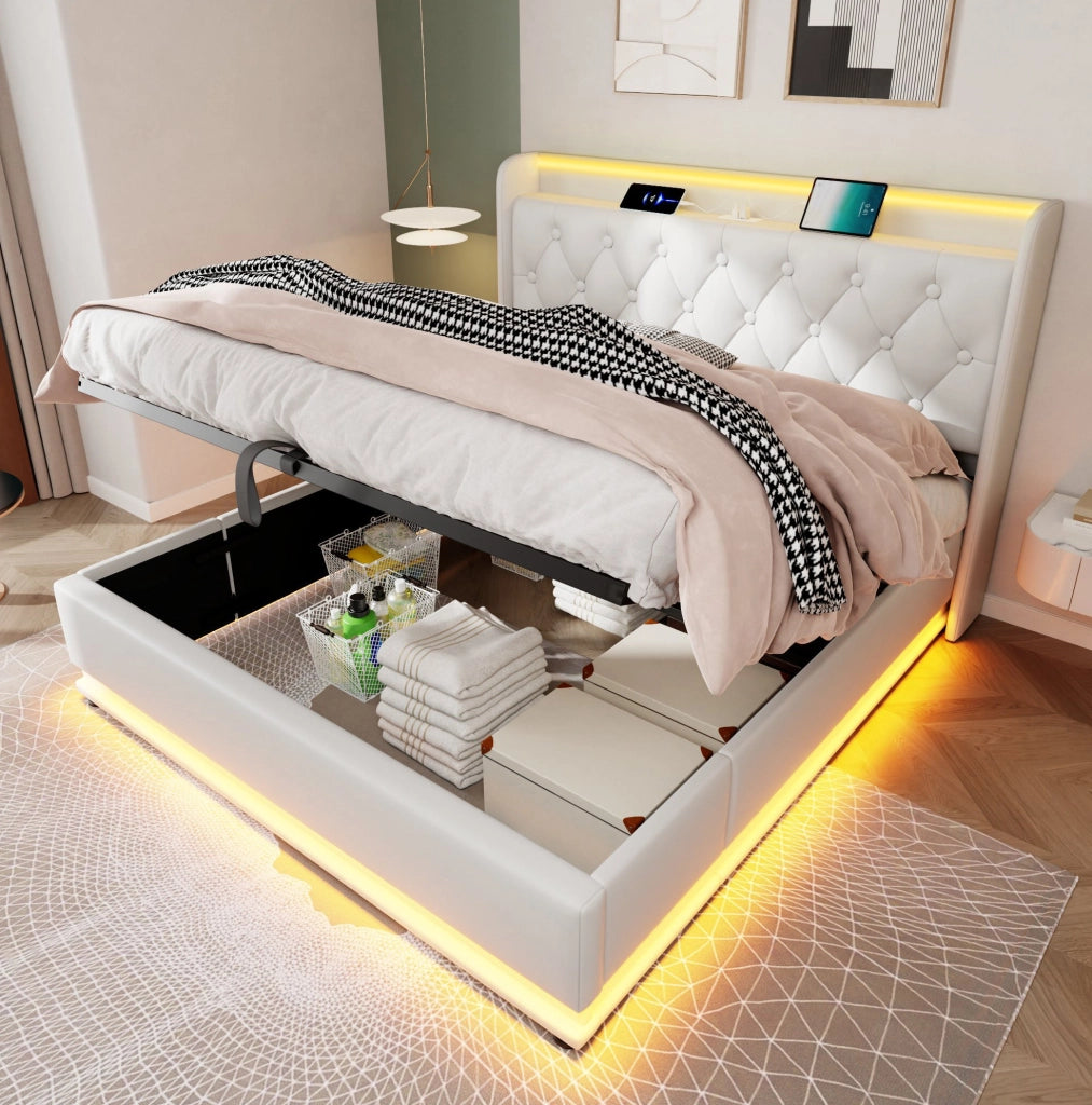 Letto matrimoniale 160x200 cm in PU bianco con LED; contenitore idraulico; USB e materasso