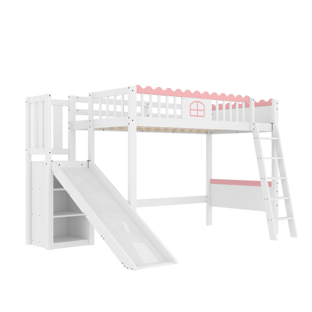 Letto a soppalco singolo 90×200 cm con LED; 3 ripiani e scivolo; senza materasso; pino; bianco