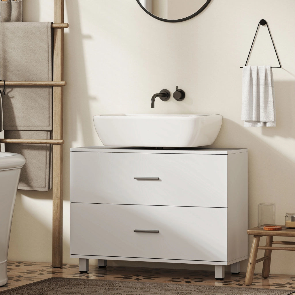 Mobile Sottolavabo Moderno 80x30x60 cm con 2 Cassetti e Intarsio a U in Legno Bianco