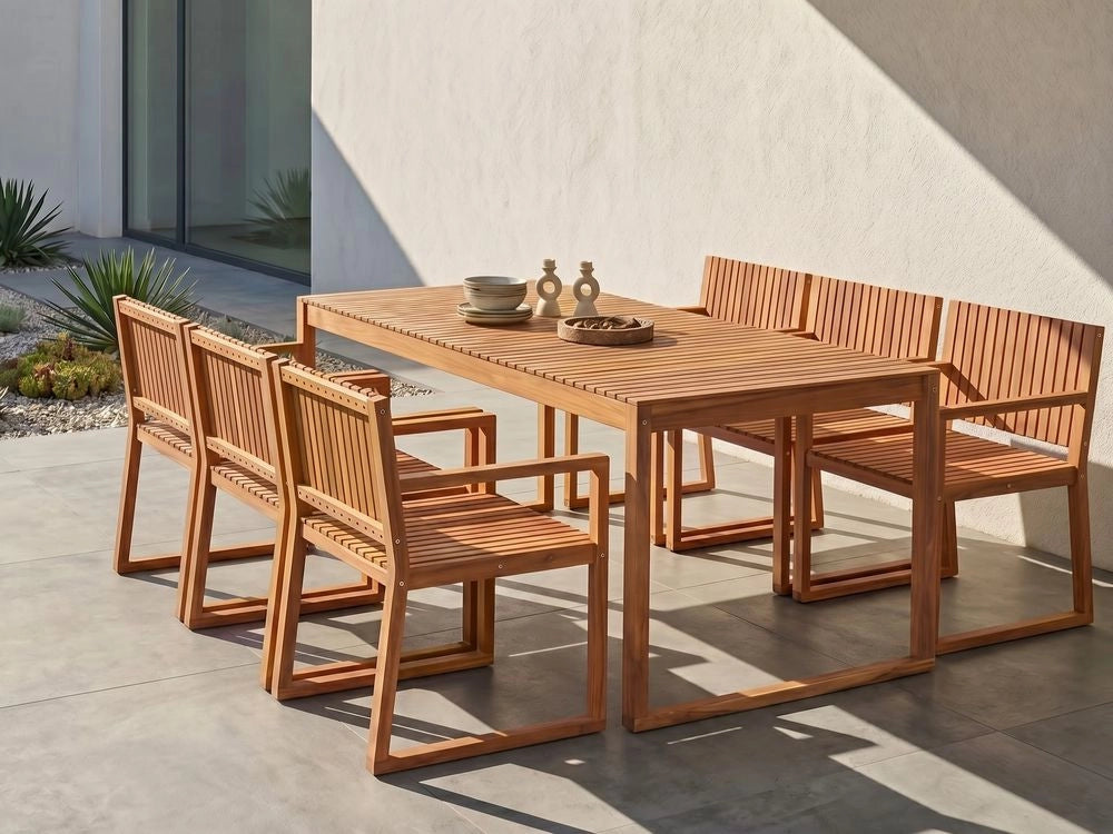Set da pranzo a 6 posti in legno d'acacia certificato resistente agli agenti atmosferici dal design classico