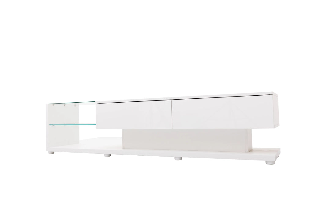Mobile porta TV con 2 cassetti, 2 ripiani in vetro, LED variabile, bianco lucido, 170 × 36 × 38 cm