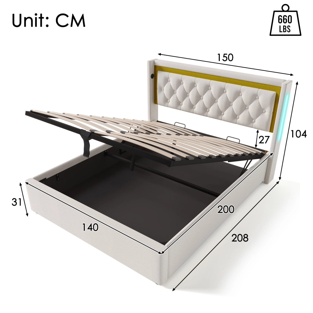 Letto matrimoniale contenitore ULEVR 140x200 cm con materasso, LED, 2 USB e 2 Type-C, beige
