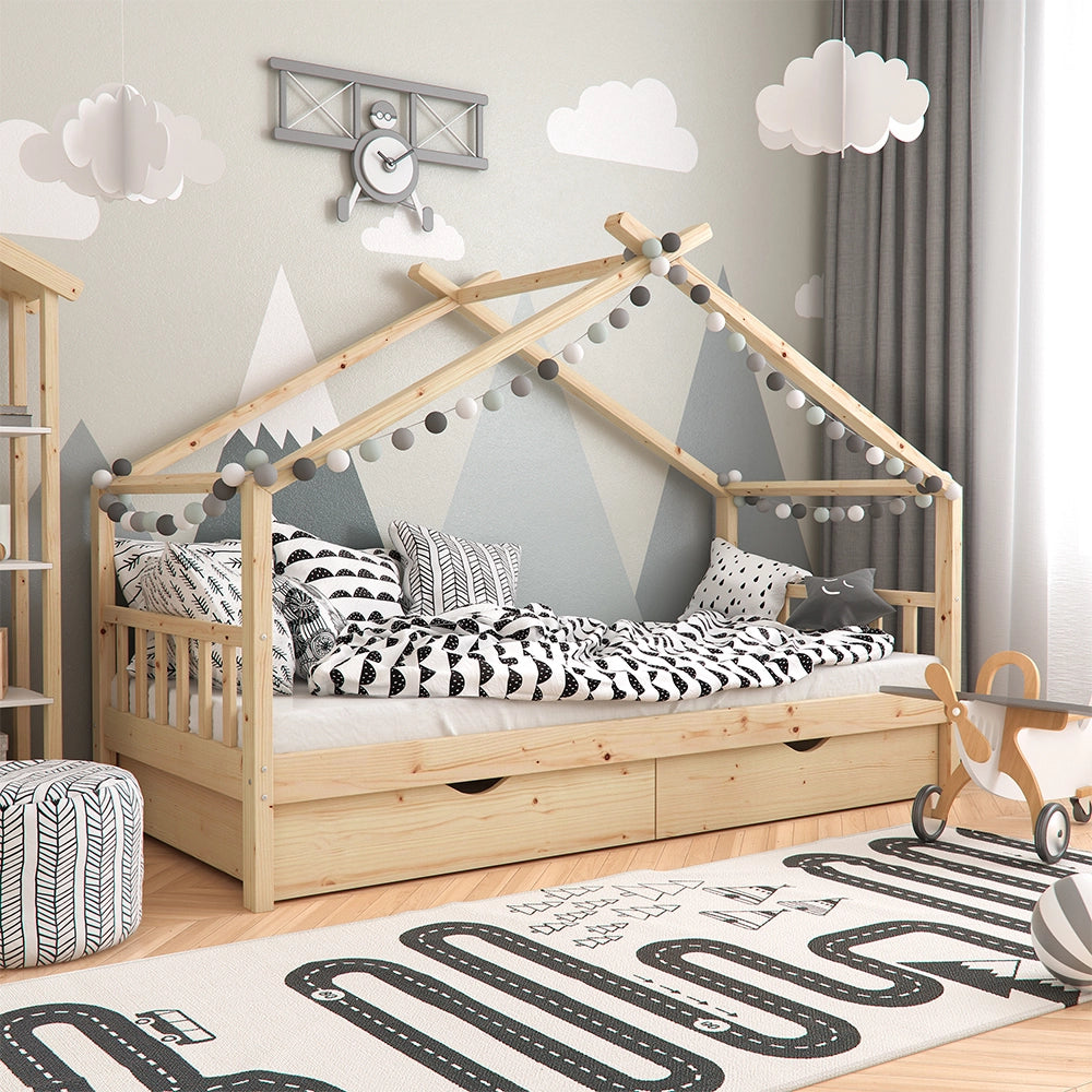 Vitalispa Letto montessori bambini Legno naturale 90x200 cm con 2 cassetti