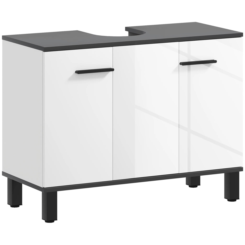 Mobile Sottolavabo Bagno con Armadietto 2 Ante e Ripiano Regolabile, 80x34x60 cm, Bianco Lucido