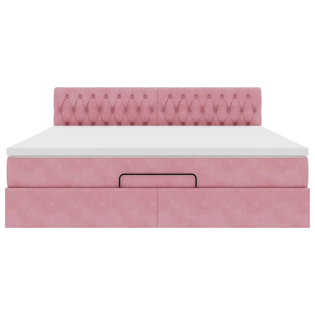 Struttura Letto Pouf con Materasso Rosa 160x200 cm in Velluto