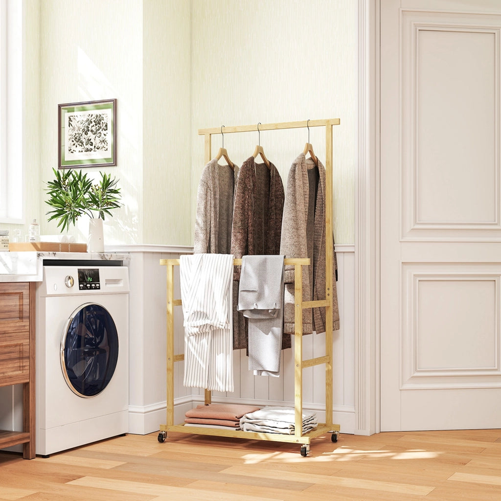 Stender Appendiabiti con 2 Barre 80x40x160 cm Ripiano Inferiore e 4 Ruote in Bambù Colore Legno Naturale