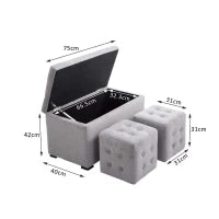 Panca Portaoggetti Set di 3 Pezzi con 2 Sgabelli Pouf in Velluto, Grigio Perla