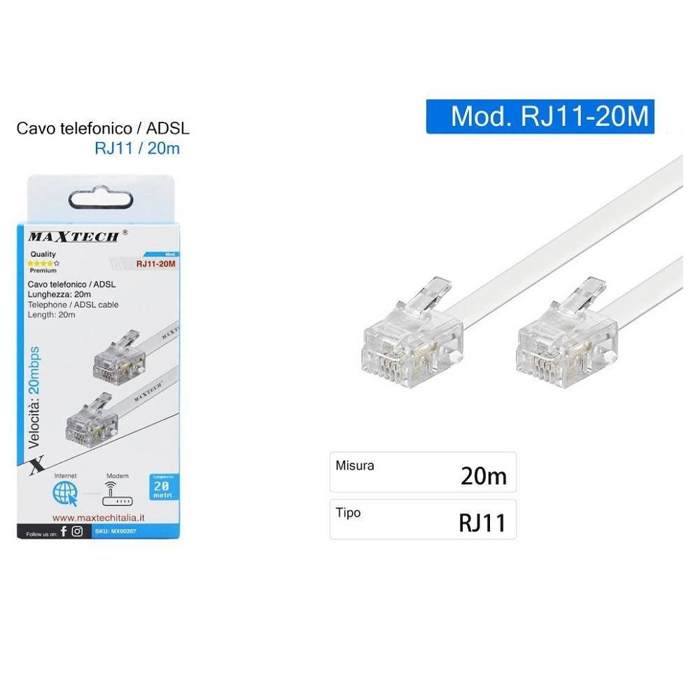 Trade Shop - Cavo Prolunga Telefonico Connettore Rj11 20 Metri Modem Adsl Maxtech Rj11-20m -