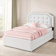 Letto imbottito 90 x 200 cm in MDF e lino, beige chiaro, con due cassetti