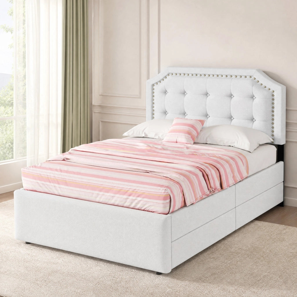 Letto imbottito 90 x 200 cm in MDF e lino, beige chiaro, con due cassetti