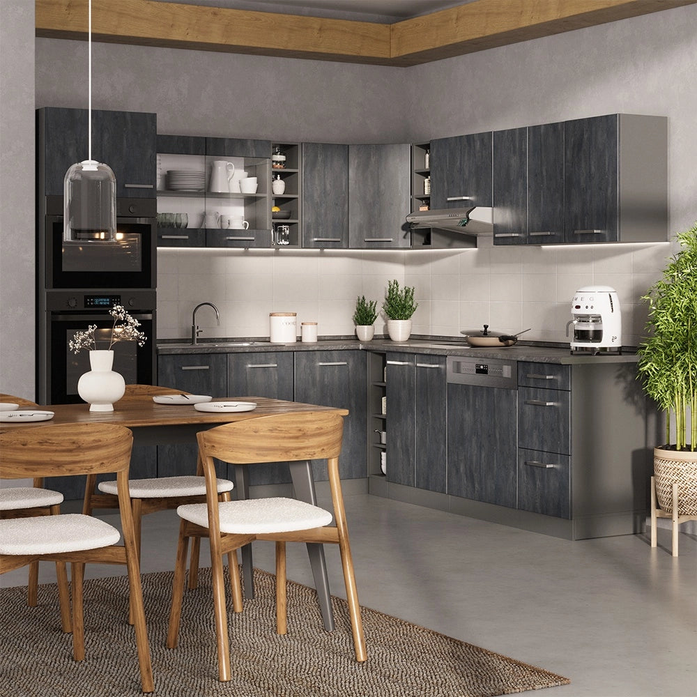 Cucina angolare completa R-Line Calce nera/Antracite 247 x 237 cm PL Marmo Vicco