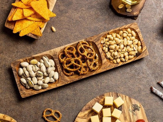 Scaletta per snack in legno di olivo, contenitore per dips, presentatore di tapas, piatto, legno, legno di olivo, piatto in legno, ciotola per pane ca. 34-35 cm lungo, 9-10 cm largo, 2 cm alto, (scaletta per snack unifasce)