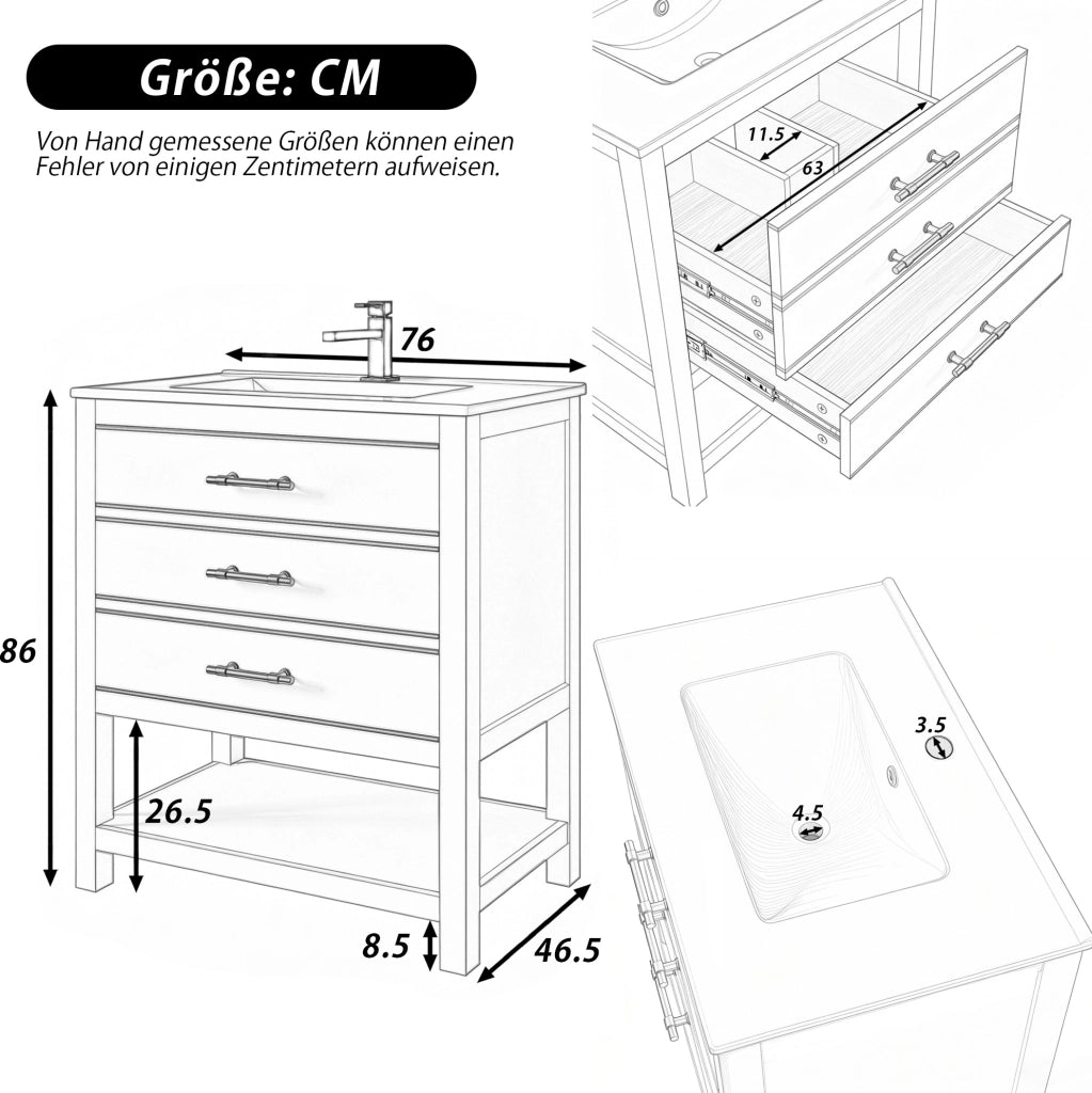 Mobile bagno con lavabo in ceramica 76 cm; bianco e oro; in MDF con 2 cassetti e vano aperto