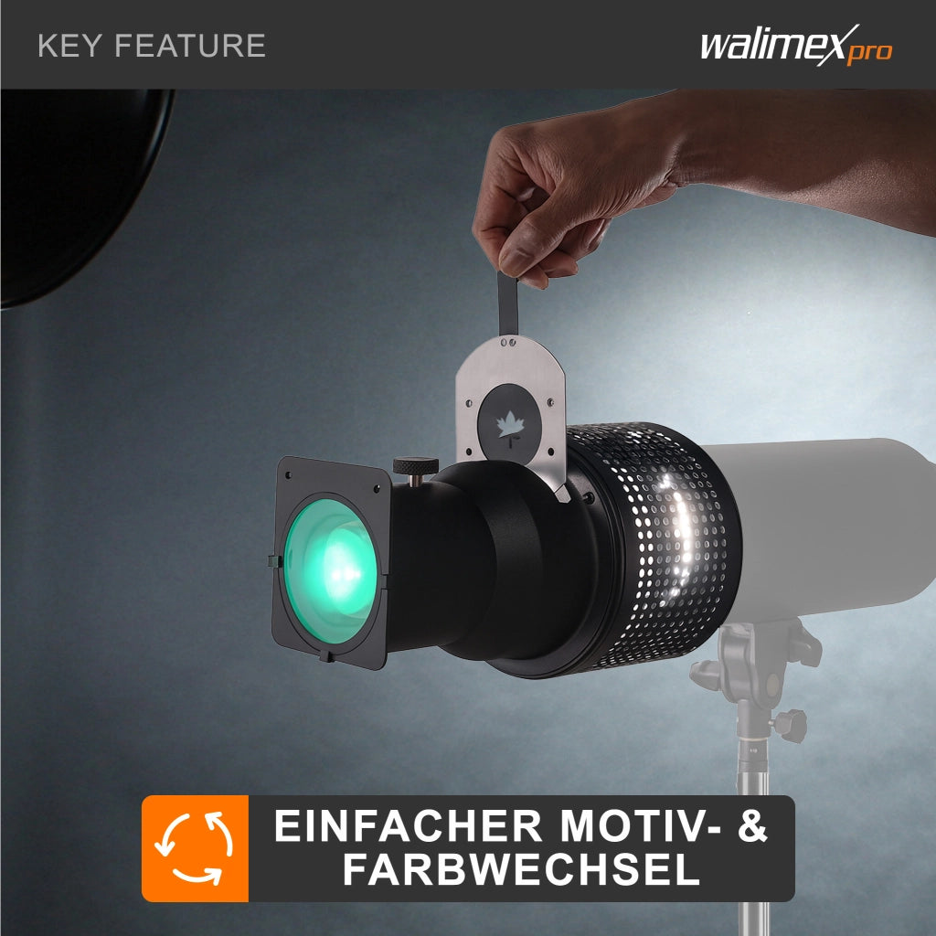 Walimex Attacco per proiezione con connessione universale, sagomatore di luce per flash con 4 lamine e sagome di colore diverso, per flash, per effetti di luce creativi in fotografia