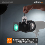 Walimex Attacco per proiezione con connessione universale, sagomatore di luce per flash con 4 lamine e sagome di colore diverso, per flash, per effetti di luce creativi in fotografia