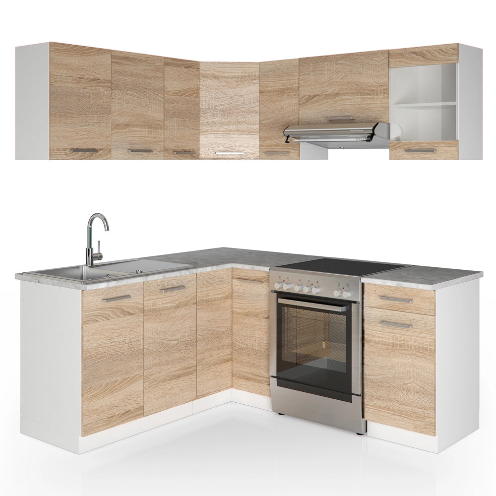 Vicco Cucina ad angolo Bianco/Sonoma 187 x 167 cm , PL Marmo con striscia LED