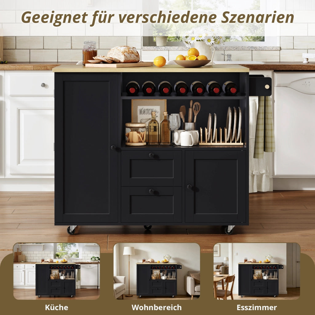 CARRELLO ISOLA CUCINA 104x45(69)x89 cm in MDF Natural/Black, piano ribaltabile
