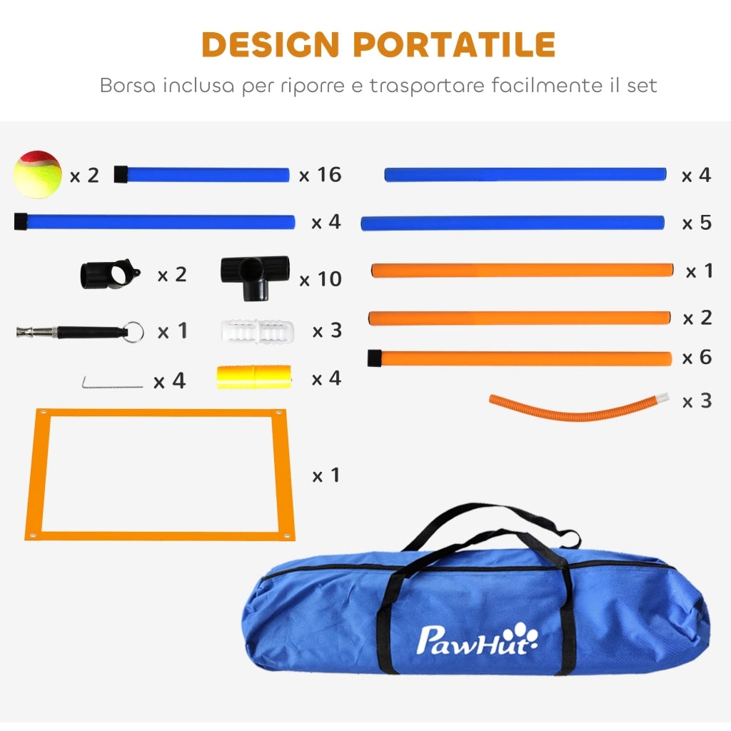 Set Agility Dog con Anello e Barra per Salto Paletti Slalom Fischietto Palline e Borsa Arancione