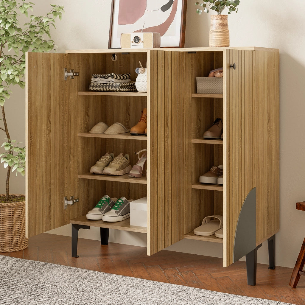 Mobile Scarpiera con 3 Ante e Ripiani; Struttura Verticale; Stile Moderno; in Truciolare; 90×32×94 cm; Legno