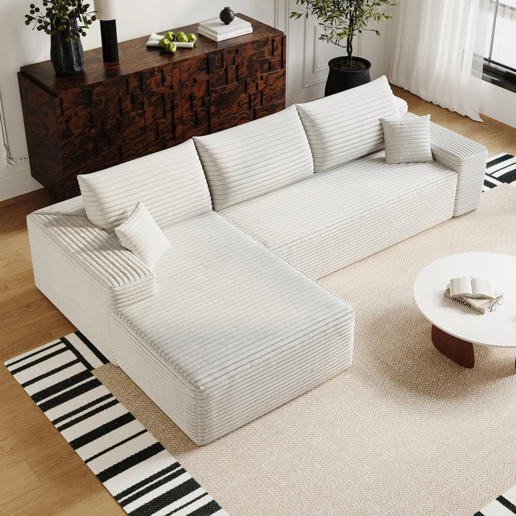 Divano angolare modulare con chaise longue in tessuto a righe, imbottitura in schiuma elastica, bianco 270 cm
