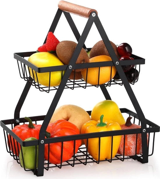Scaletta per frutta 2 piani rimovibile in metallo per cucina - moderna scatola per frutta verdure snack - posizionamento angolare per riporre in cucina nera - organizzatore elegante per la cucina.
