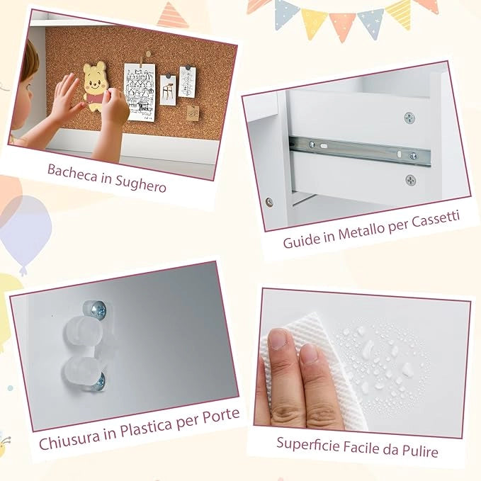 Set Scrivania e Sedia per Bambini 3+ Anni, Tavolo da Scrittura in Legno con Mensole, Cassetto e Bacheca in Sughero, Tavolo e Sedia per Disegno e Studio (Bianco)