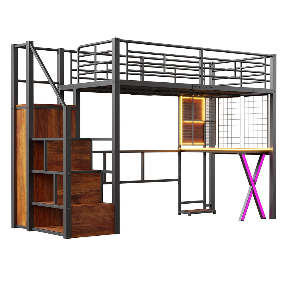 Letto mezzanino 90x200cm - Xylo - nero, armadio, scaffali, luce controllabile