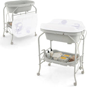 Fasciatoio con Vaschetta Bagnetto 2 in 1, Vasca da Bagno Pieghevole per Bambini, Fasciatoio con Materassino, Cestino Portaoggetti, Ruote con Freno, Portata 35kg+15kg (Grigio Chiaro)