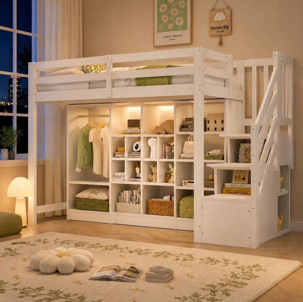 Letto a soppalco 90x200 cm con armadio, LED e scala