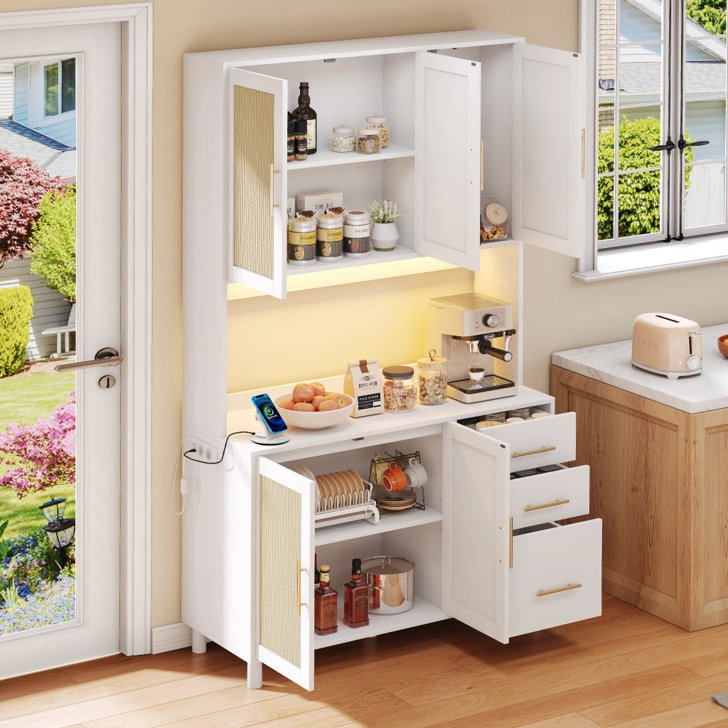 OKWISH Credenza da cucina con 3 cassetti, 3 ante, ripiani regolabili, LED, prese e USB, per Cucina e Sala da Pranzo