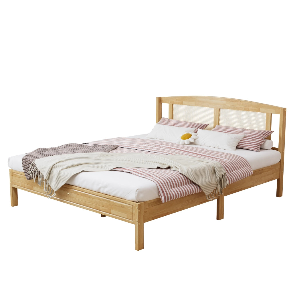 Letto Matrimoniale 160 x 200 cm; 15 Doghe e Piedini Centrali - in Legno e Rattan - Naturale