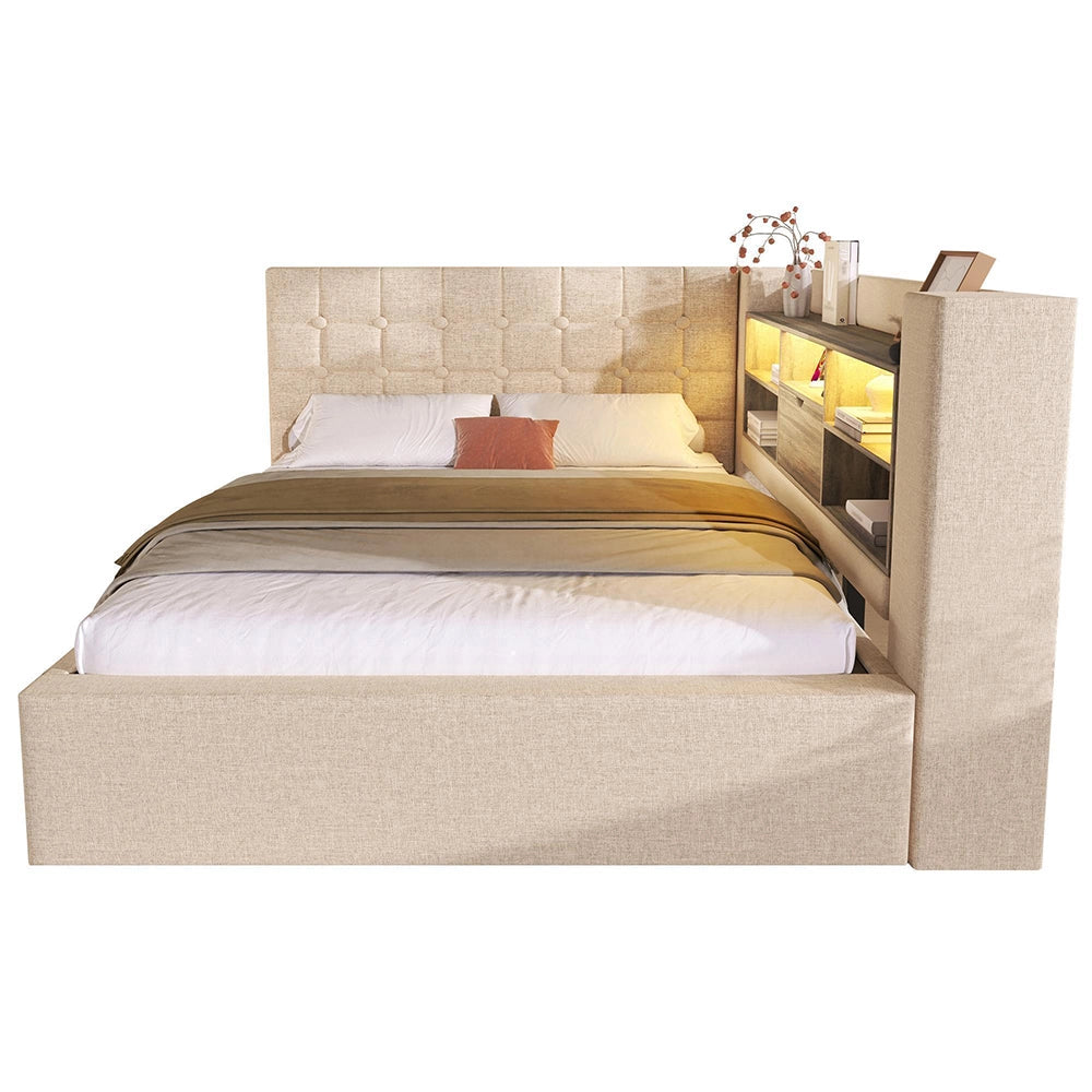 Letto imbottito-Xylo-140x200cm LED idraulico testiera a L lino beige con materasso