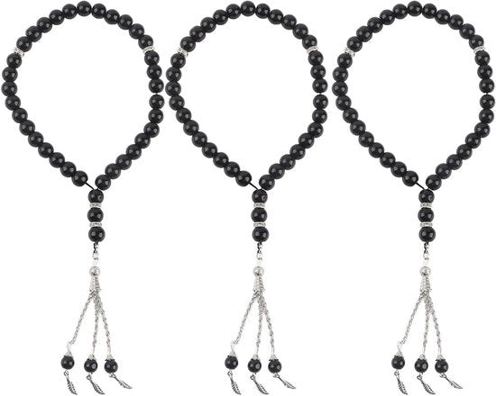 Collana di preghiera a tre elementi con 33 perle, catena di preghiera islamica nera per donne e uomini