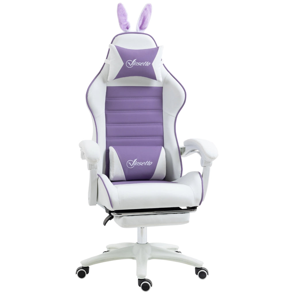 Sedia Gaming con Orecchie da Coniglio, Poggiapiedi, Cuscini, Reclinabile e Altezza Regolabile, Viola