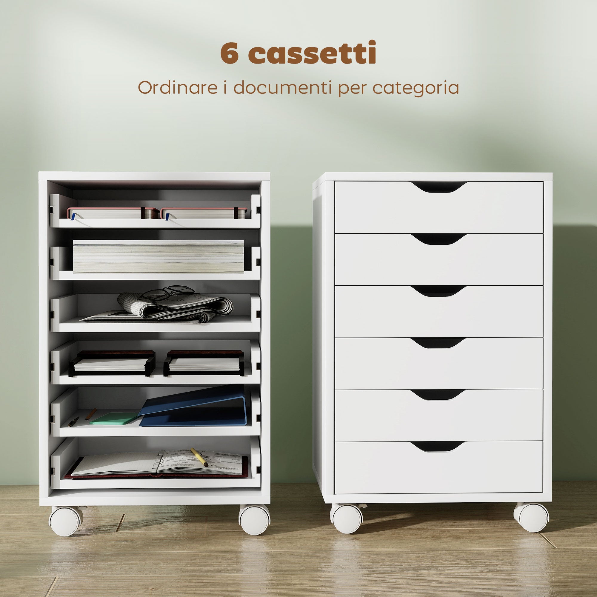 Cassettiera da Ufficio a 6 Cassetti 40x35x63 cm con 4 Ruote e Blocco Bianco