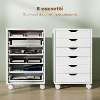 Cassettiera da Ufficio a 6 Cassetti 40x35x63 cm con 4 Ruote e Blocco Bianco